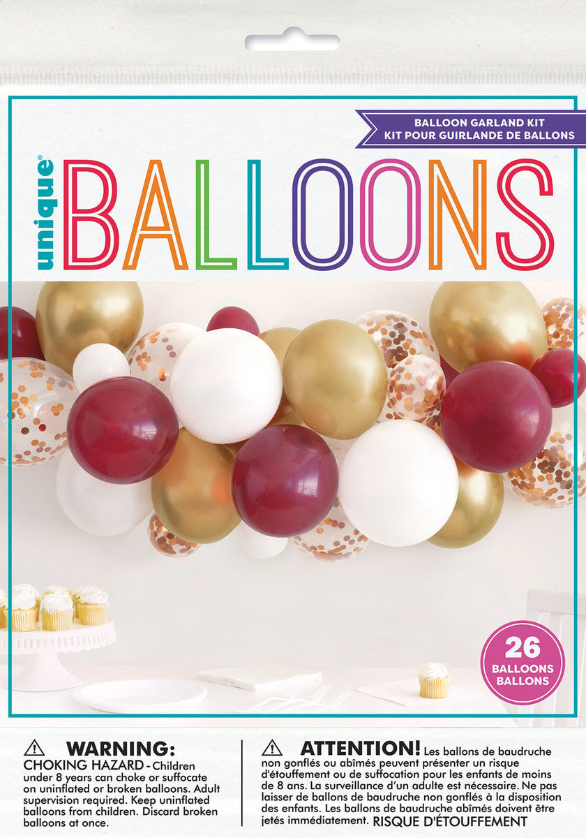 BALLOON GARLAND KIT - MAROON, GOLD & WHITE - Kit Includes 26 Balloons