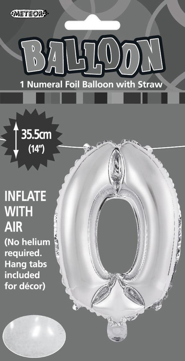 SILVER "0" NUMERAL FOIL BALLOON 35CM (14")