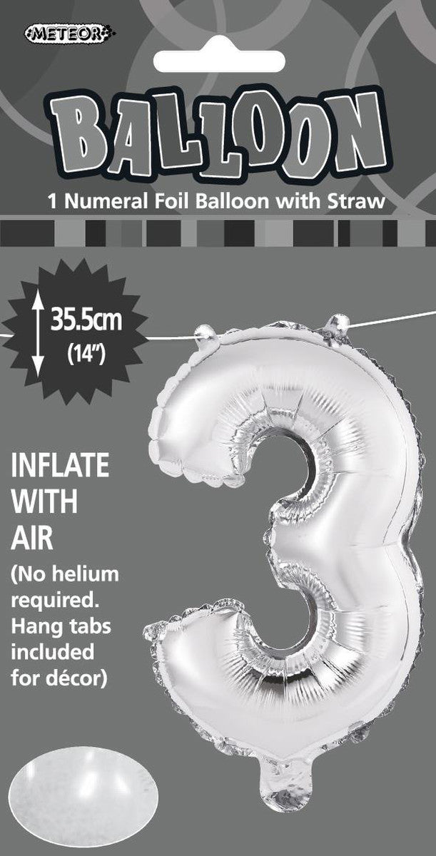 SILVER "3" NUMERAL FOIL BALLOON 35CM (14")