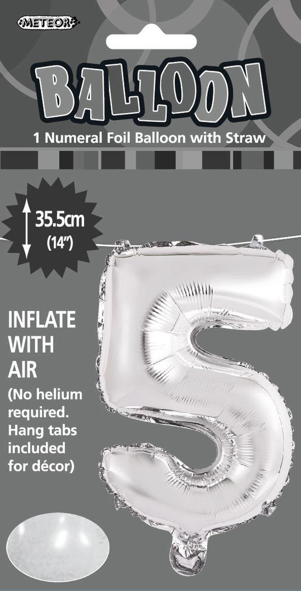 SILVER "5" NUMERAL FOIL BALLOON 35CM (14")