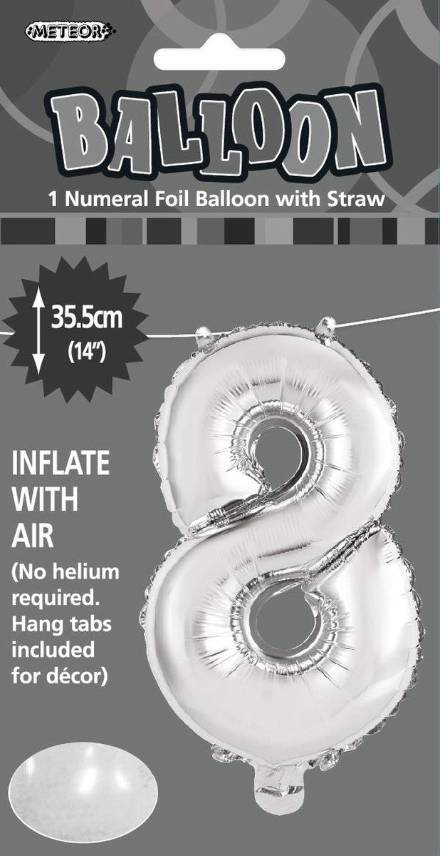 SILVER "8" NUMERAL FOIL BALLOON 35CM (14")
