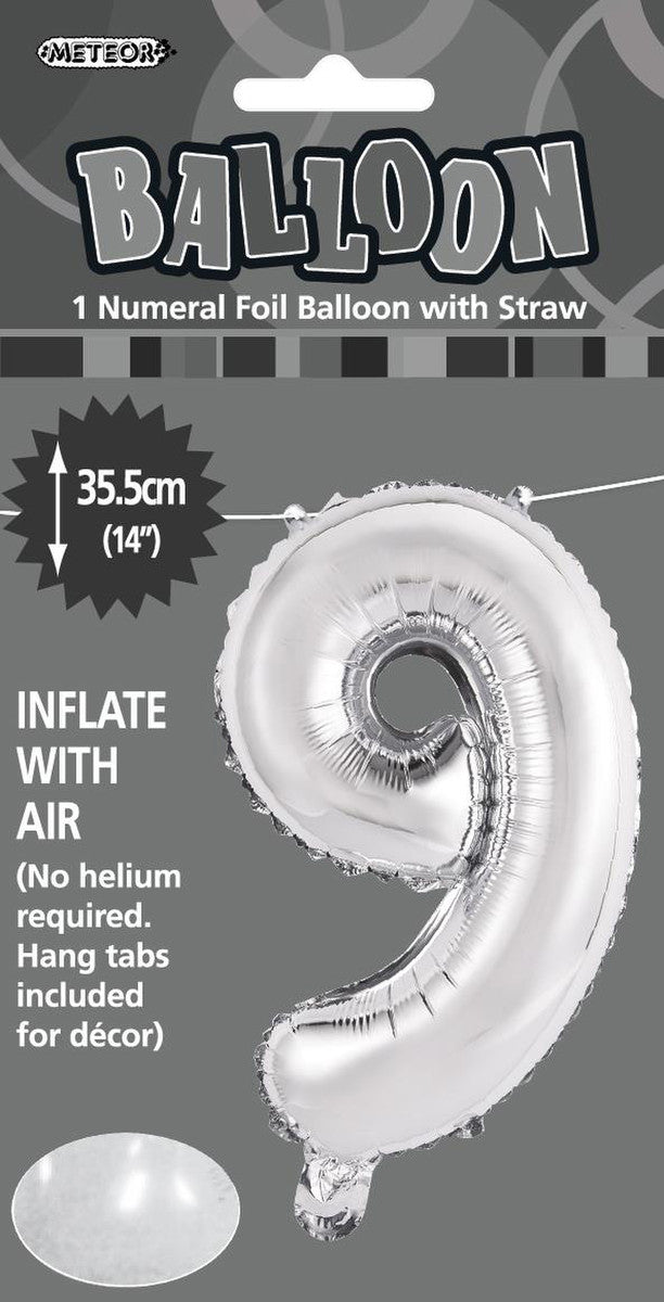 SILVER "9" NUMERAL FOIL BALLOON 35CM (14")