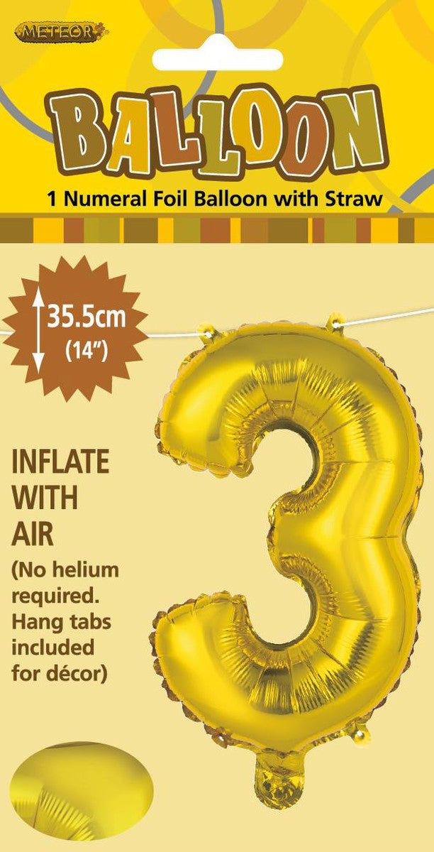 GOLD "3" NUMERAL FOIL BALLOON 35CM (14")