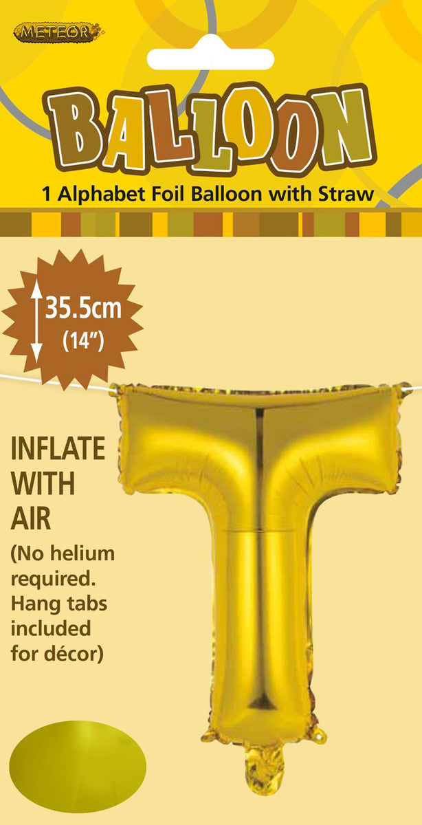 GOLD "T" ALPHABET FOIL BALLOON 35CM (14")