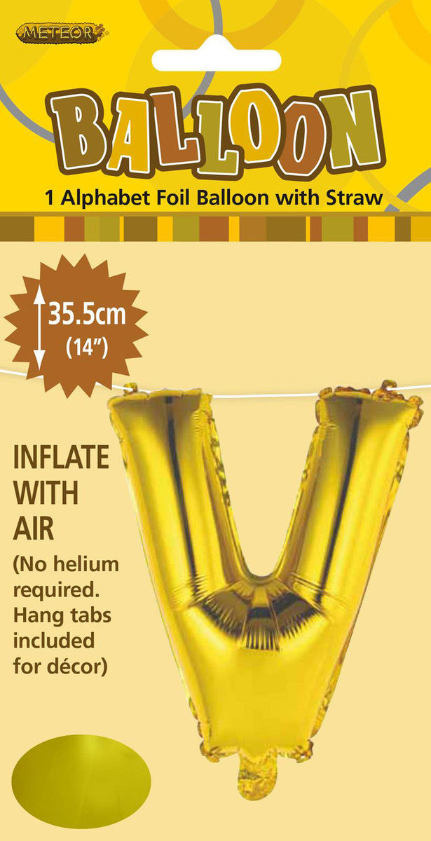 GOLD "V" ALPHABET FOIL BALLOON 35CM (14")