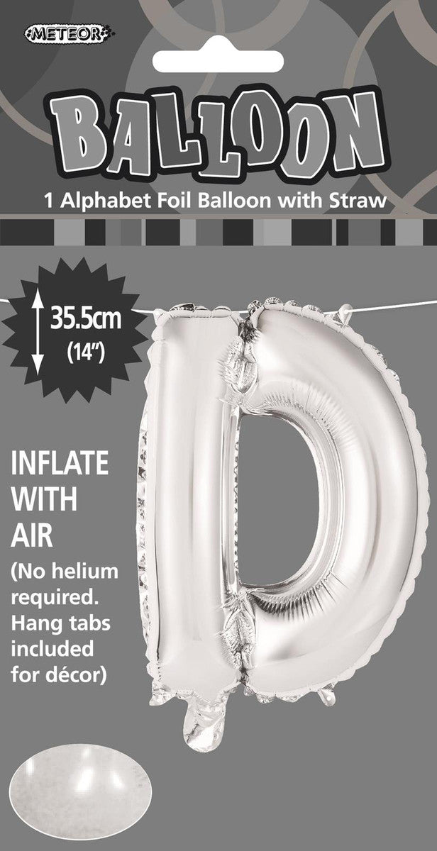 SILVER "D" ALPHABET FOIL BALLOON 35CM (14")