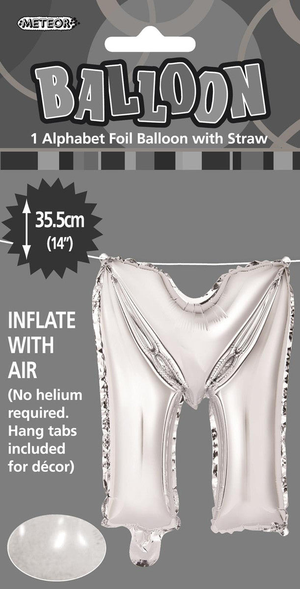 SILVER "M" ALPHABET FOIL BALLOON 35CM (14")