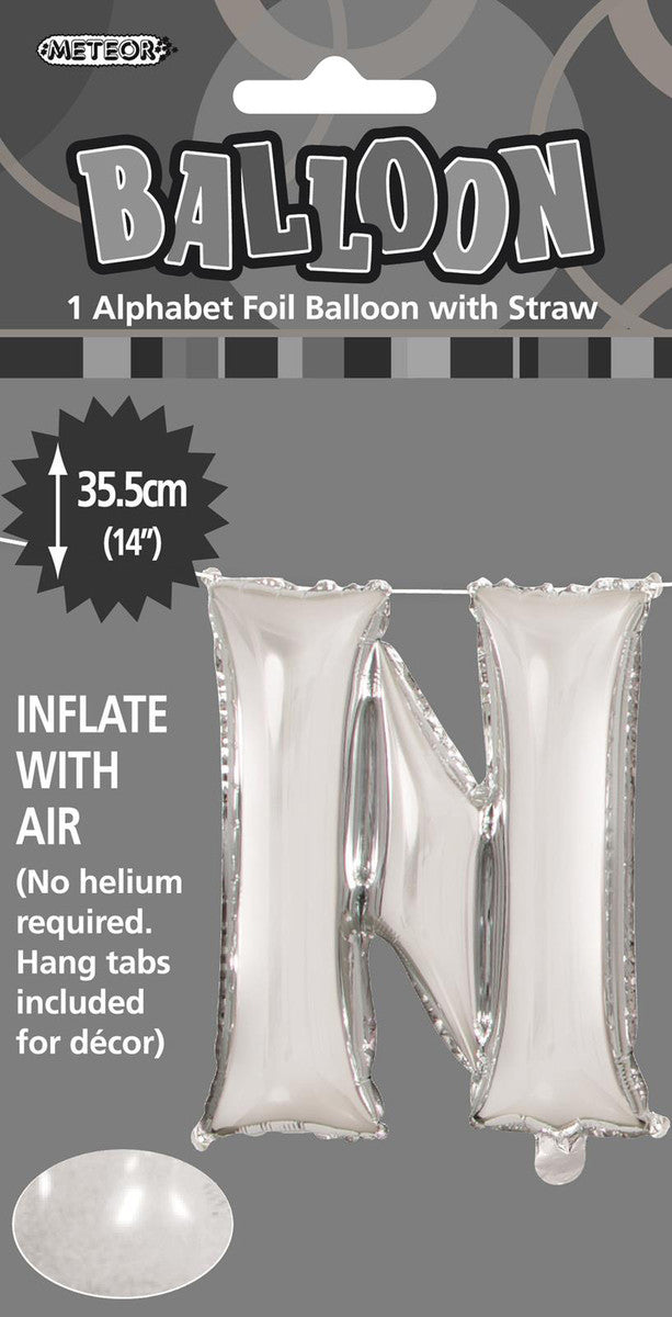SILVER "N" ALPHABET FOIL BALLOON 35CM (14")
