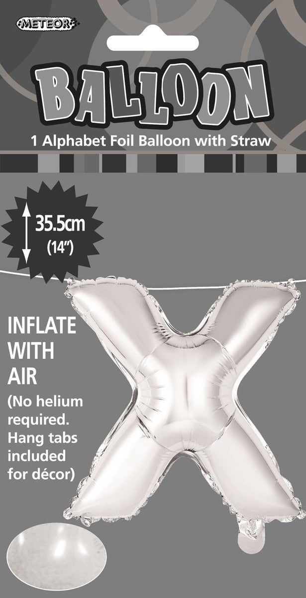 SILVER " X " ALPHABET FOIL BALLOON 35CM (14")