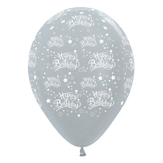 SEMPERTEX 30CM HAPPY BIRTHDAY STARS SATIN PEARL SILVER LATEX BALLOONS, 25PK