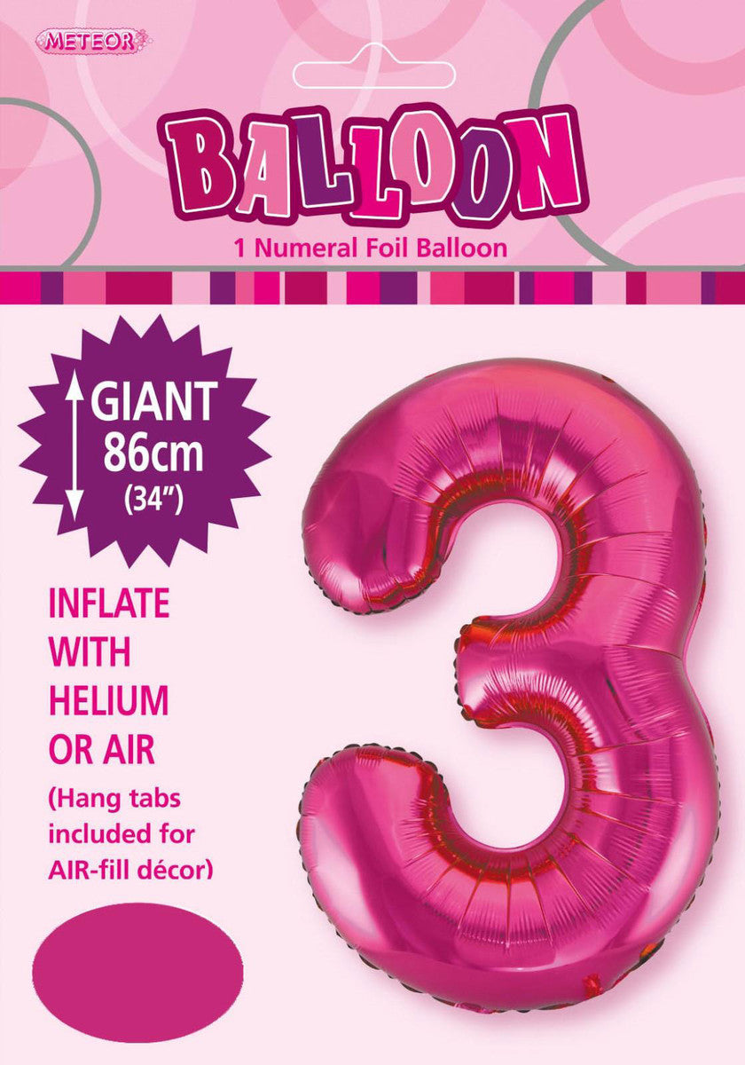 HOT PINK "3" NUMERAL FOIL BALLOON 86CM (34")