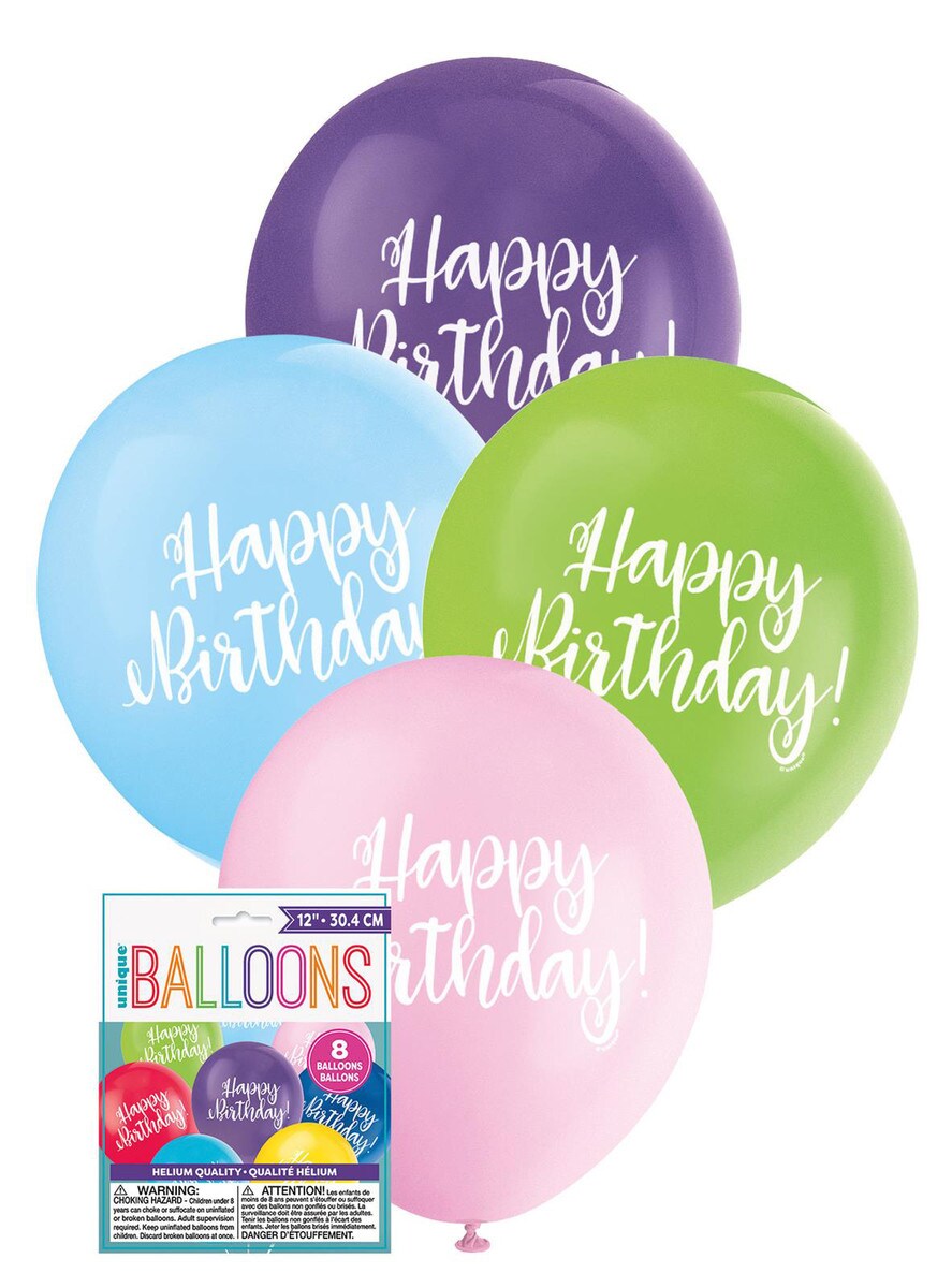 Happy Birthday 8 x 30.4cm (12") Balloons - Assorted Colours