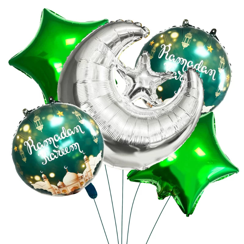 Ramadan Kareem Foil Balloon Set – Silver Moon Star 5 pk