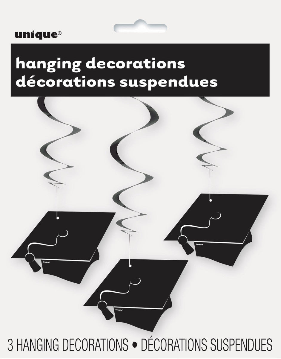 GRADUATION HATS 3 HANGING SWIRL DECORATIONS 90CM L (36")