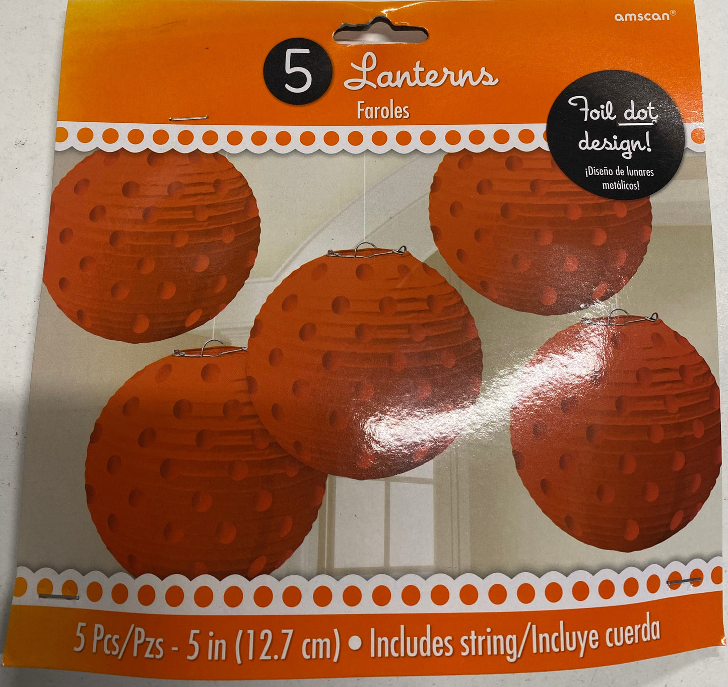 Orange 5 Paper Lanterns Foil dot Design 5" (12.7cm)