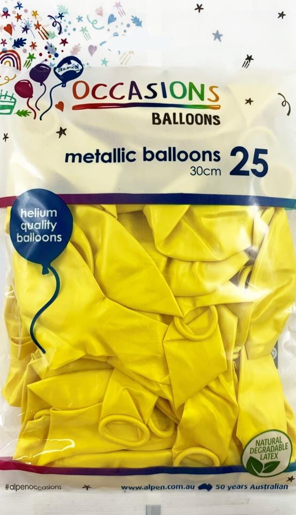 Buy Metallic Yellow 30cm Balloons P25 at NIS Packaging & Party Supply Brisbane, Logan, Gold Coast, Sydney, Melbourne, Australia
