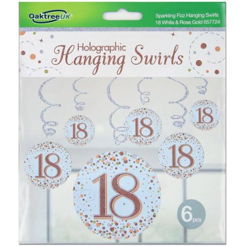 Sparkling Fizz Happy 18th Birthday Rose Gold Hanging Swirl Pack 6 NIS Traders