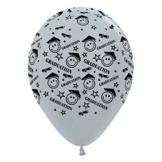 Sempertex 30cm Graduation Smiley Faces Satin Pearl Silver Latex Balloons, 6pk