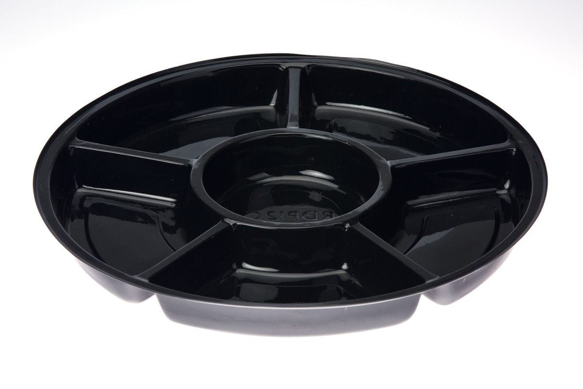 15" Black Round 6 Compartment Food Service Platter With clear Lid