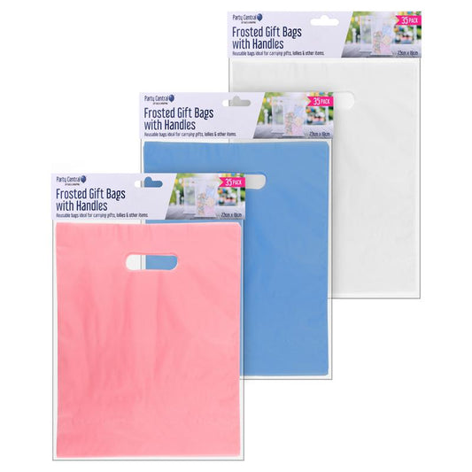 Frosted Gift Bags with Handle 23cm x 19cm 35pk Clear, Pink, Blue – Plastic