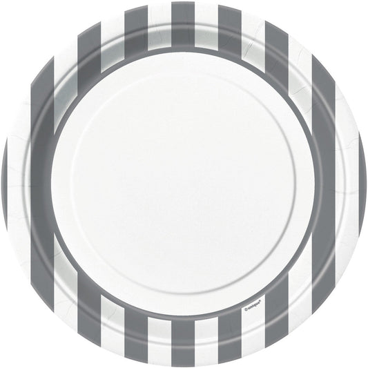 STRIPES SILVER 23CM (9") PAPER PLATES 8pk