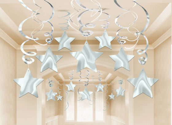 SHOOTING STARS FOIL MEGA VALUE PACK SWIRL DECORATIONS - SILVER