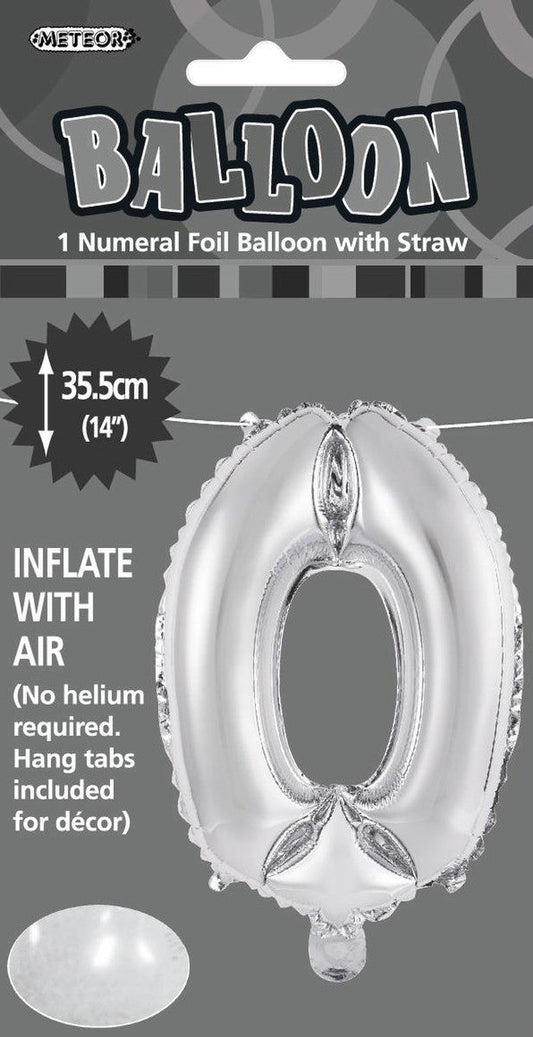 SILVER "0" NUMERAL FOIL BALLOON 35CM (14")