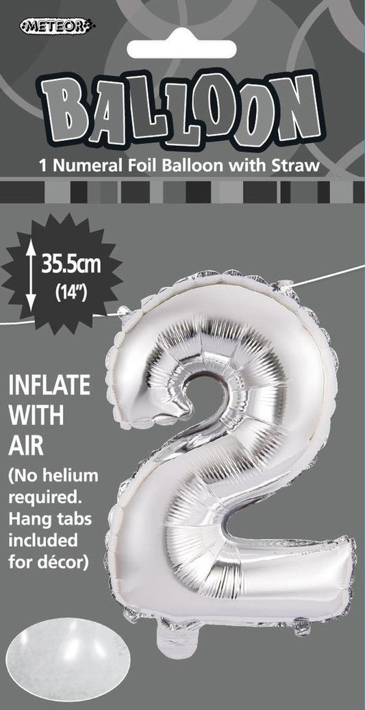 SILVER "2" NUMERAL FOIL BALLOON 35CM (14")