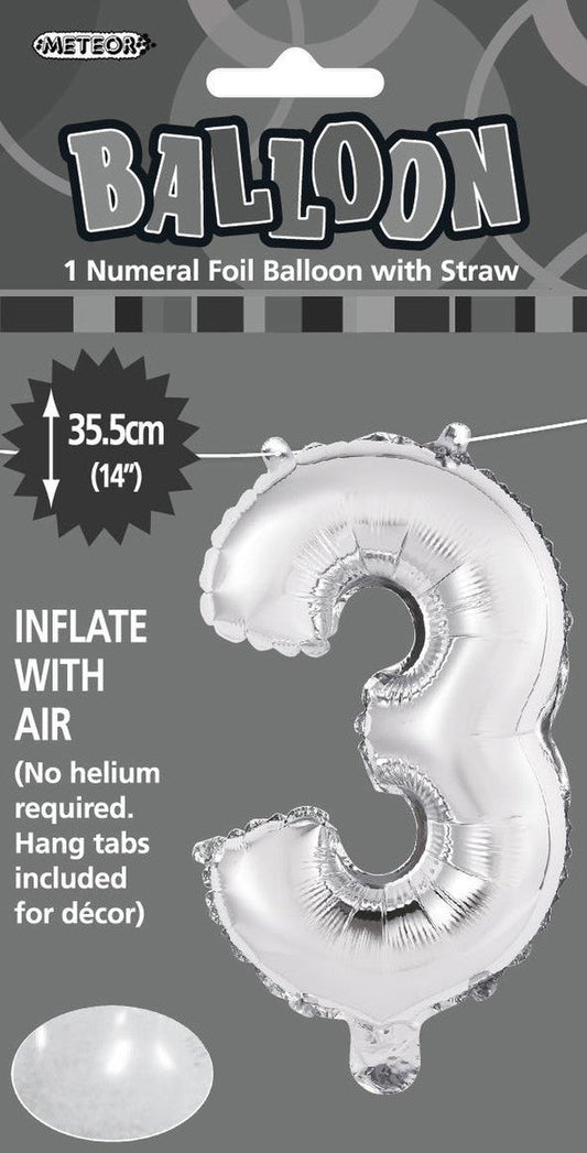 SILVER "3" NUMERAL FOIL BALLOON 35CM (14")
