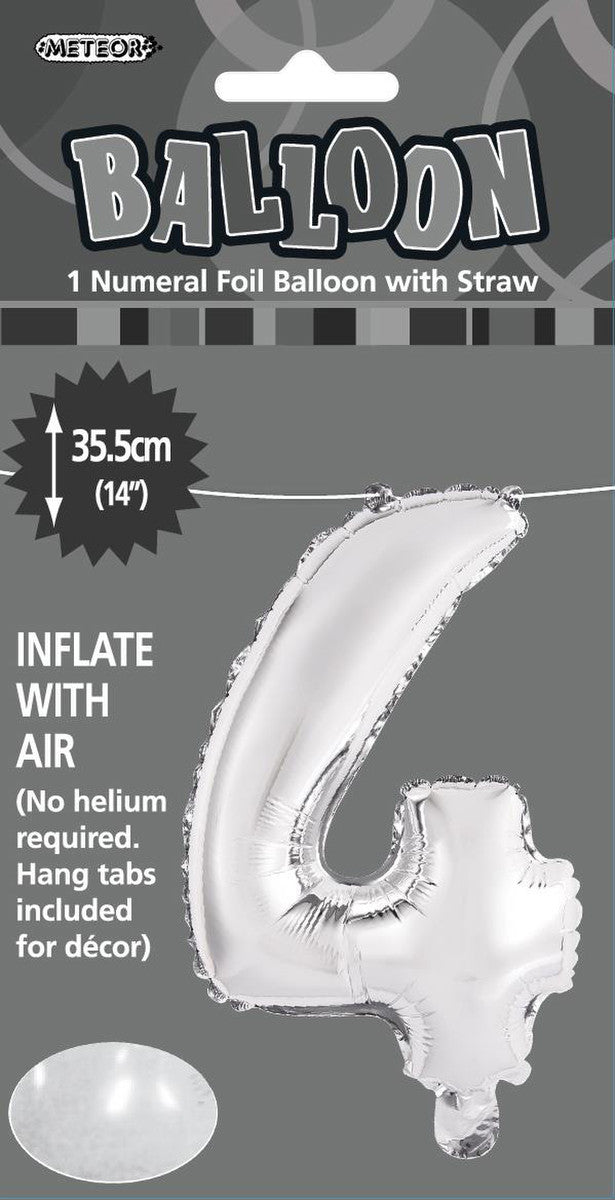 SILVER "4" NUMERAL FOIL BALLOON 35CM (14")