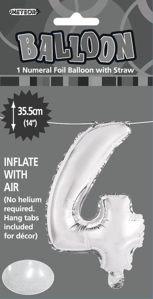 SILVER "4" NUMERAL FOIL BALLOON 35CM (14")