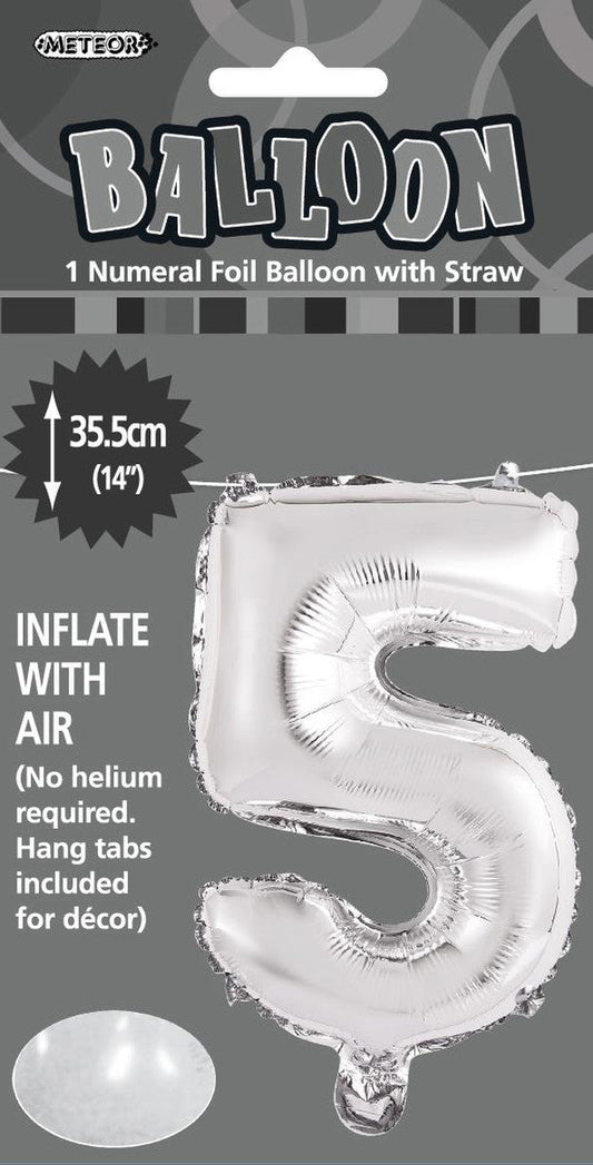 SILVER "5" NUMERAL FOIL BALLOON 35CM (14")