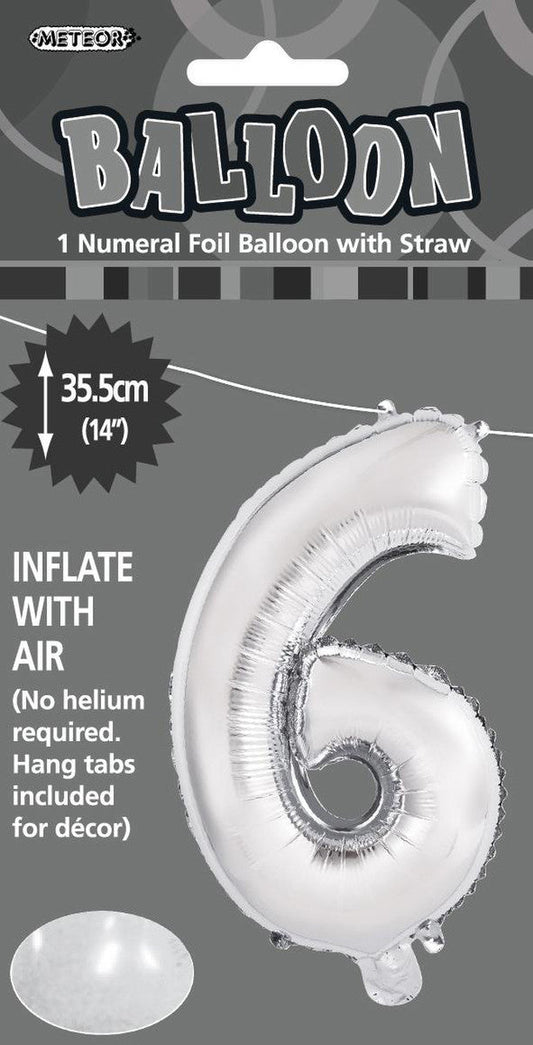 SILVER "6" NUMERAL FOIL BALLOON 35CM (14")