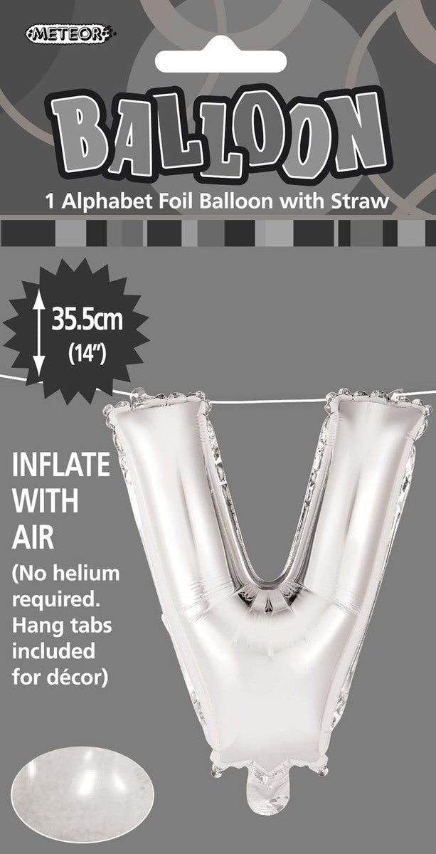 SILVER "V" ALPHABET FOIL BALLOON 35CM (14")