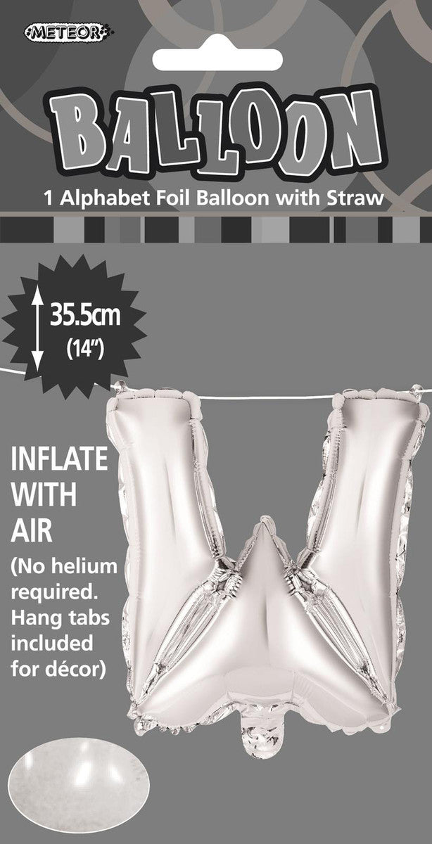 SILVER "W" ALPHABET FOIL BALLOON 35CM (14")