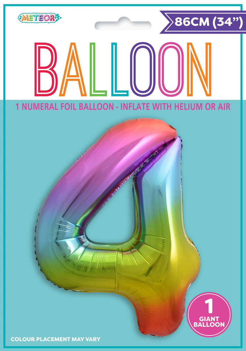 Rainbow "4" Numeral Foil Balloon 86cm (34")