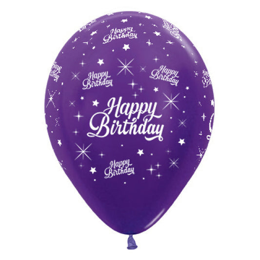 SEMPERTEX 30CM HAPPY BIRTHDAY TWINKLING STARS METALLIC PURPLE VIOLET LATEX BALLOONS, 25PK