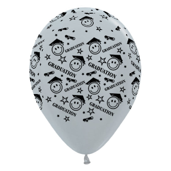 SEMPERTEX 30CM GRADUATION SMILEY FACES SATIN PEARL SILVER LATEX BALLOONS, 6PK