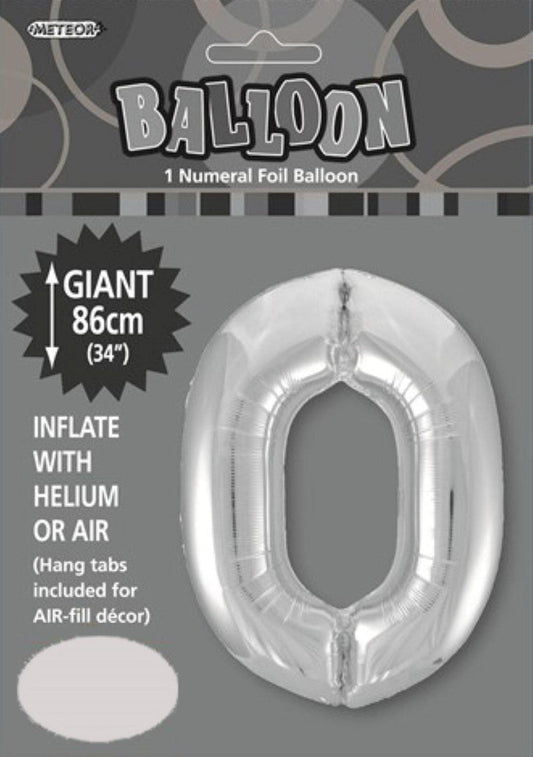 SILVER "0" NUMERAL FOIL BALLOON 86CM (34")