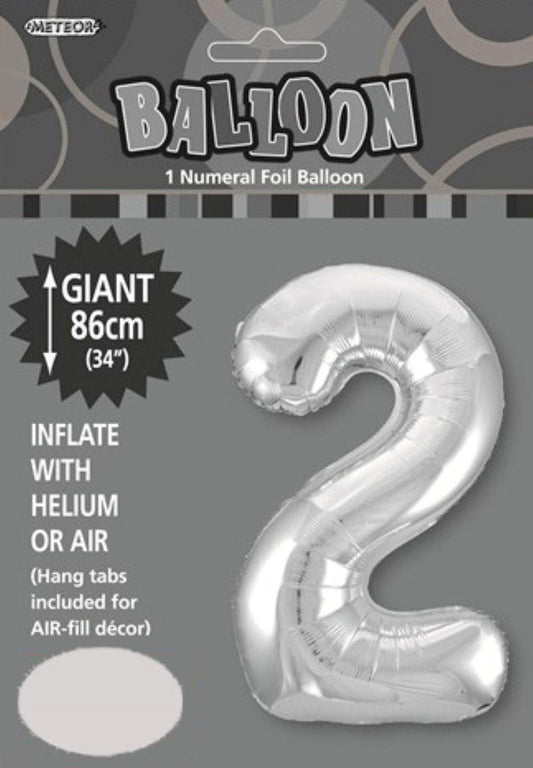 SILVER "2" NUMERAL FOIL BALLOON 86CM (34")