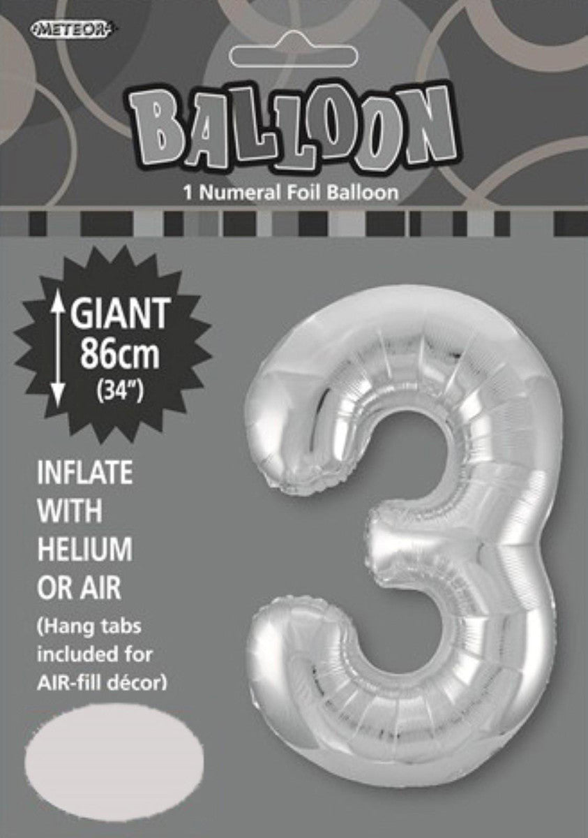 SILVER "3" NUMERAL FOIL BALLOON 86CM (34")