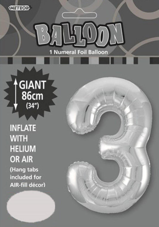SILVER "3" NUMERAL FOIL BALLOON 86CM (34")