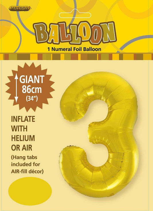 Gold "3" Numeral Foil Balloon 86cm (34")
