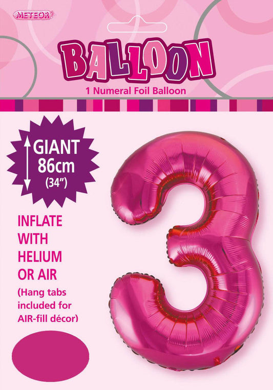 HOT PINK "3" NUMERAL FOIL BALLOON 86CM (34")