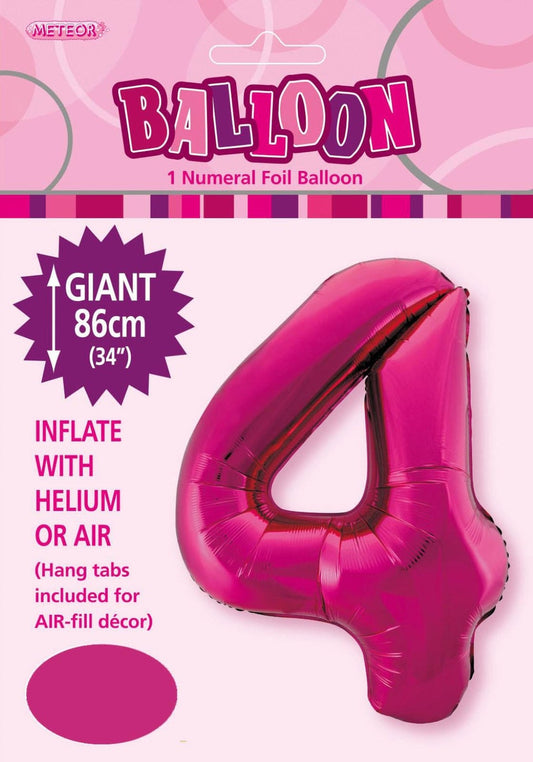 Hot Pink "4" Numeral Foil Balloon 86cm (34")