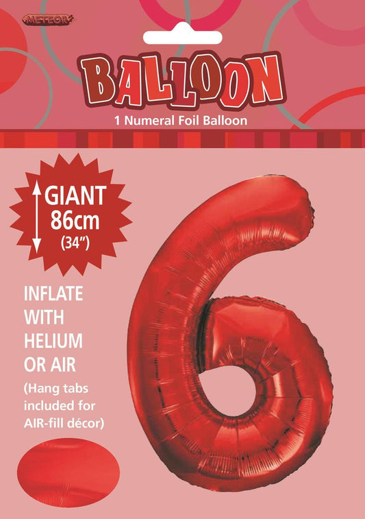 Red "6" Numeral Foil Balloon 86cm (34")