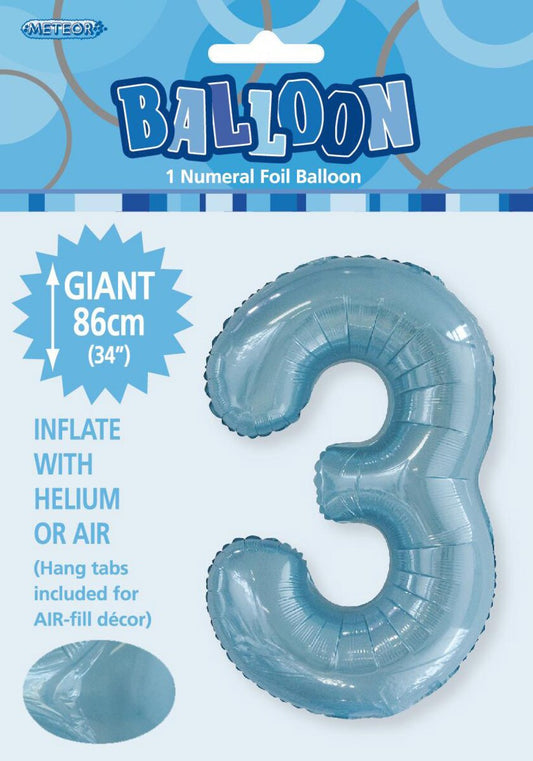 Powder Blue "3" Numeral Foil Balloon 86cm (34")