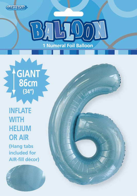POWDER BLUE "6" NUMERAL FOIL BALLOON 86CM (34")