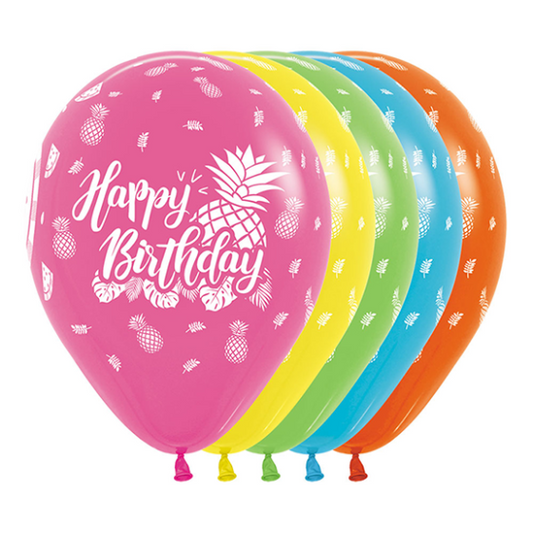 SEMPERTEX 30CM HAPPY BIRTHDAY TROPICAL FASHION ASSORTED LATEX BALLOONS 12PK
