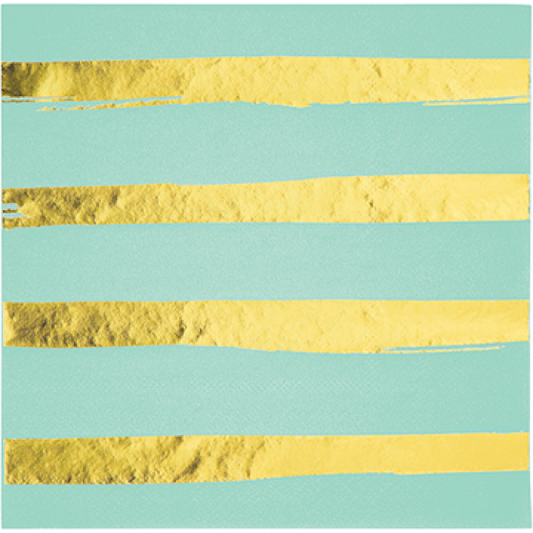 TOUCH OF COLOUR FRESH MINT & GOLD FOIL STRIPED LUNCH NAPKINS 16pk